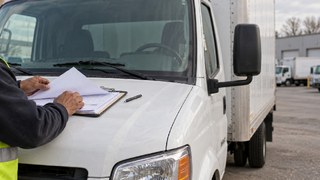 Box truck owner-operator reviewing registration paperwork for non CDL box truck requirements and FMCSA rules