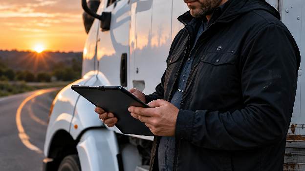 Box truck driver checking load and mileage details while evaluating box truck rate per mile