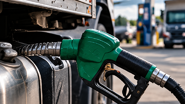 Box truck refueling at a truck stop while the driver calculates how much can you make with a box truck after fuel costs