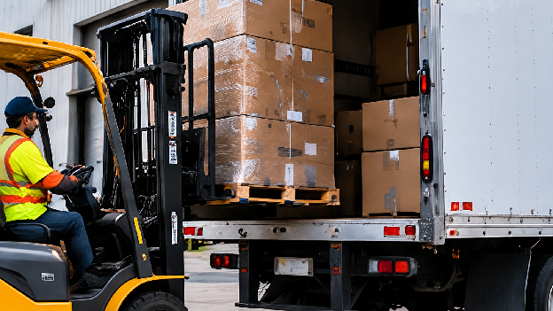 Forklift loading freight into a 26-foot truck during daily box truck business operations