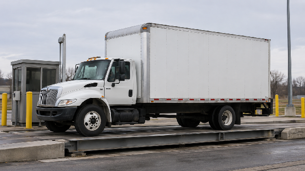 White delivery truck showing typical 26 foot box truck dimensions at a loading dock