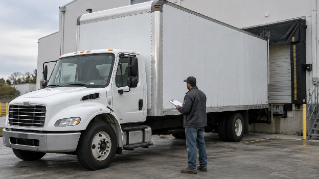 Driver reviewing non CDL box truck requirements before starting a delivery