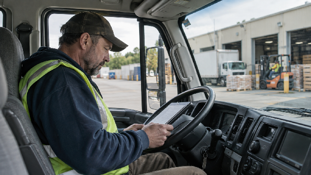 Box truck driver checking paperwork to determine do you need a CDL to drive a box truck