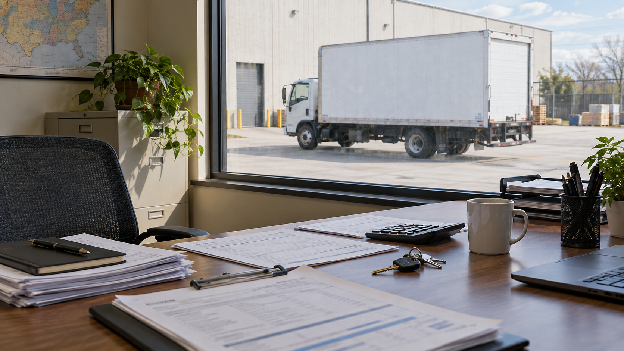 Box truck business paperwork, calculator, and keys used to plan startup costs and financing