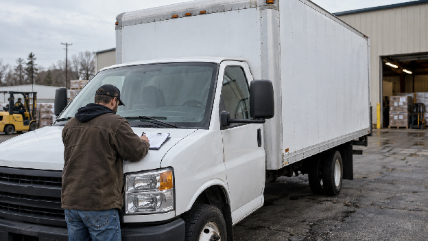 Owner-operator inspecting a box truck and paperwork before starting a box truck business