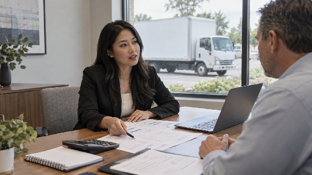 Business advisor reviewing box truck financing and financial projections with an owner-operator