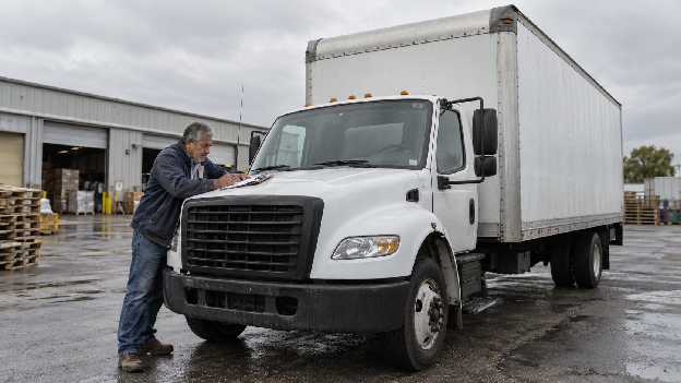 Owner-operator reviewing costs and paperwork beside his truck for a box truck business plan