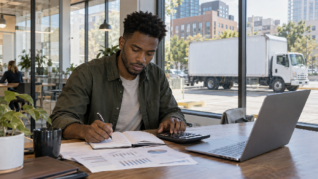 Owner calculating box truck business startup cost and income projections before launching