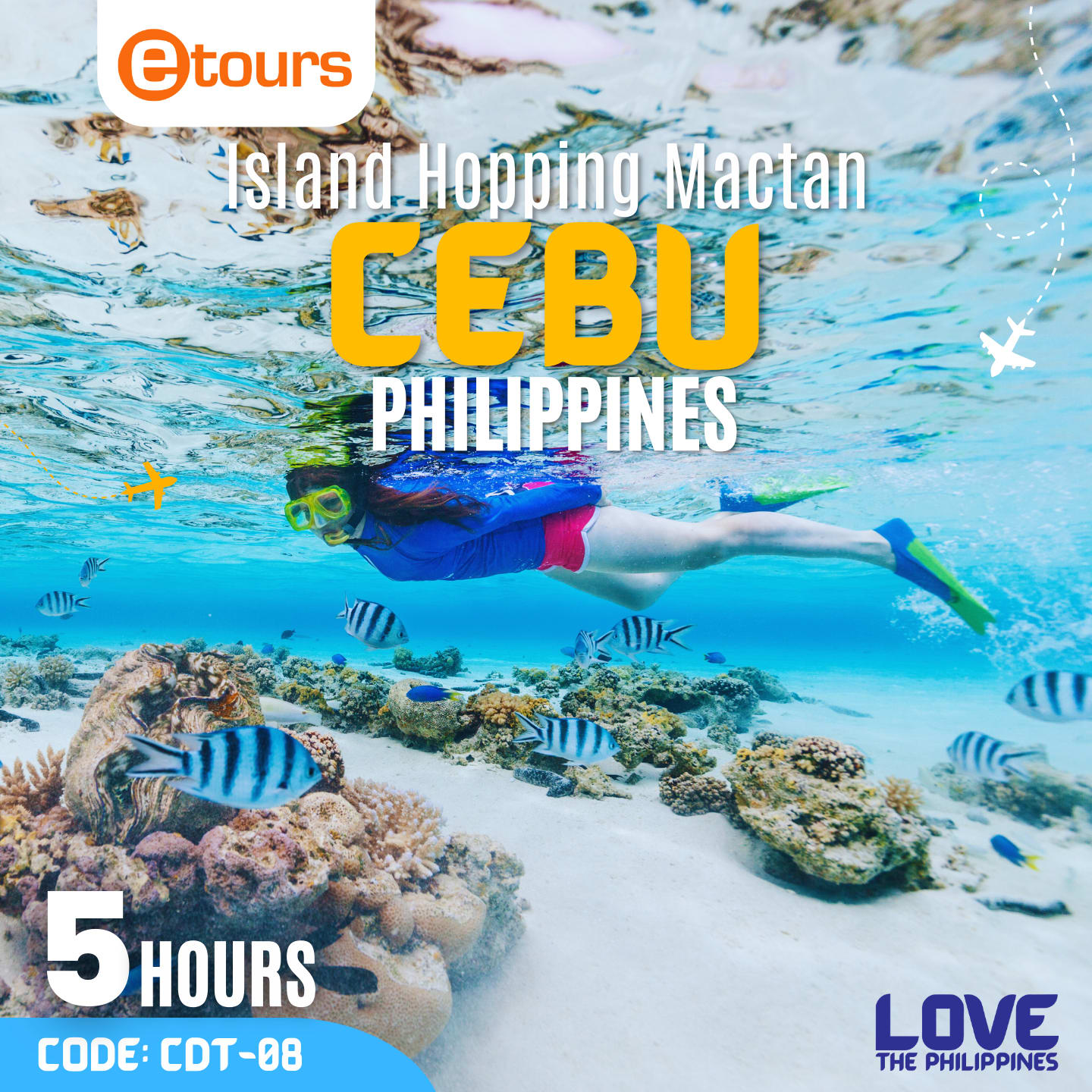 Island Hopping Mactan Cebu Female snorkeler exploring the vibrant underwater world of Hilutungan Marine Sanctuary, surrounded by colorful corals and marine life.