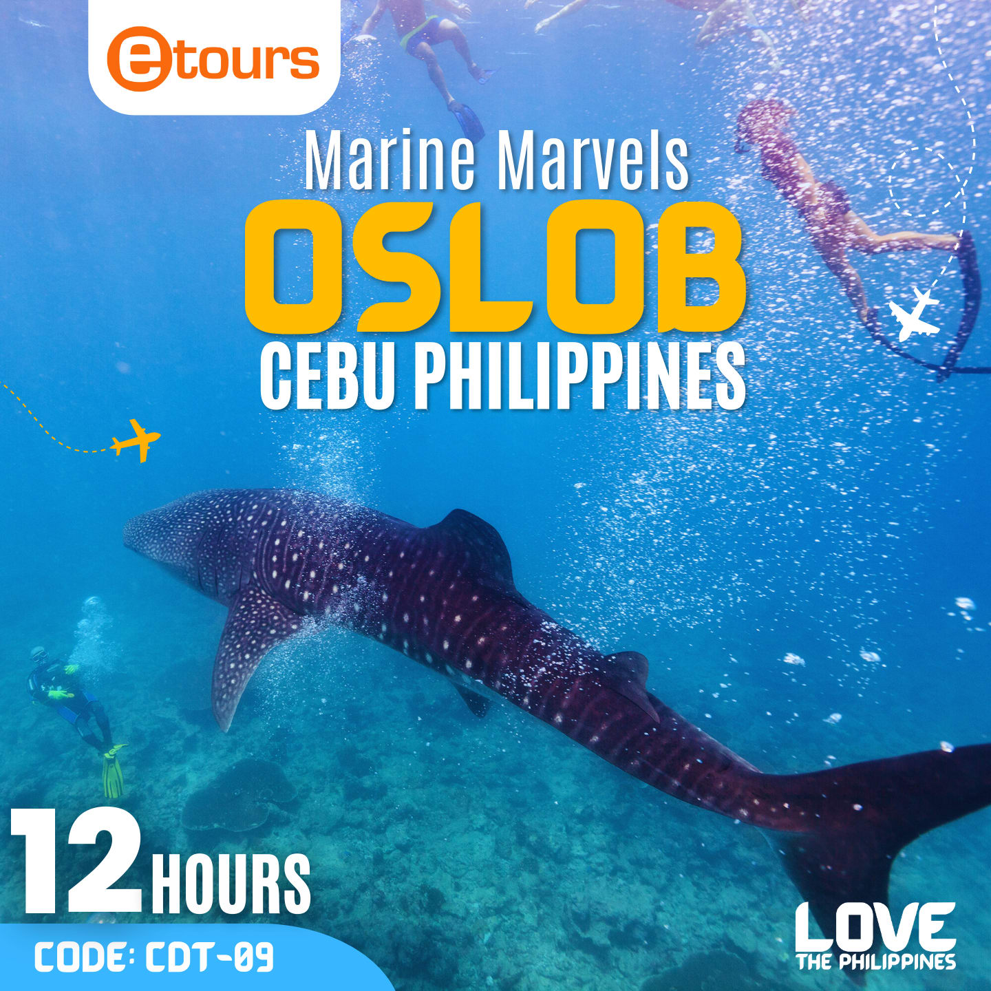 Oslob Marine Marvels A group of tourists snorkeling alongside a majestic whale shark in the crystal-clear waters of Oslob, Cebu.