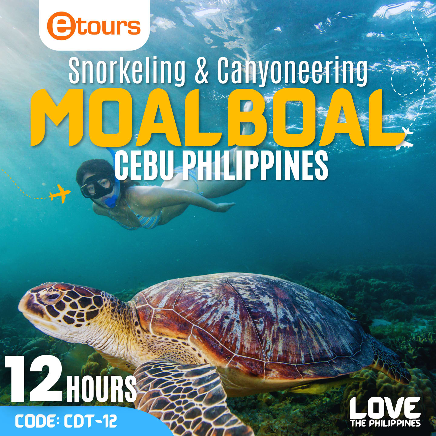 Moalboal Snorkeling & Canyoneering A woman snorkeling underwater, gracefully swimming alongside a majestic sea turtle.