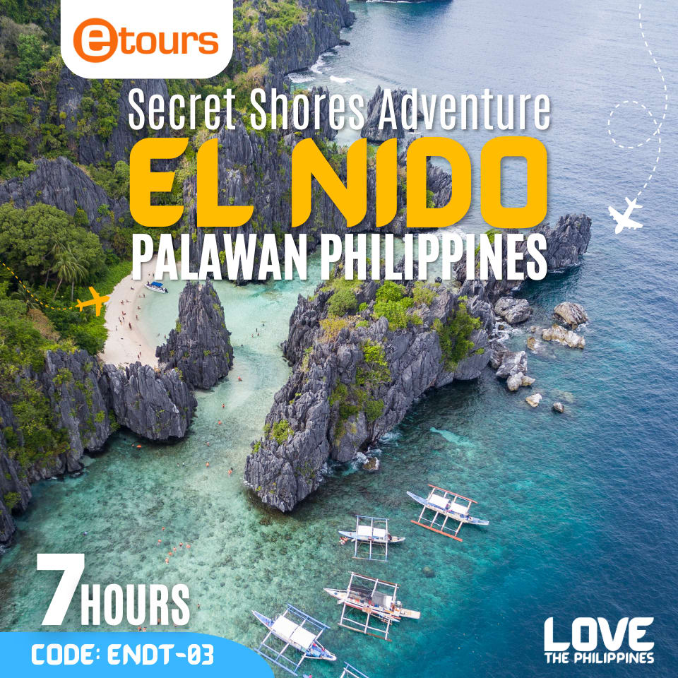 El Nido Secret Shores Adventure From above, Hidden Beach in El Nido, Palawan, with traditional outrigger boats in the blue waters.