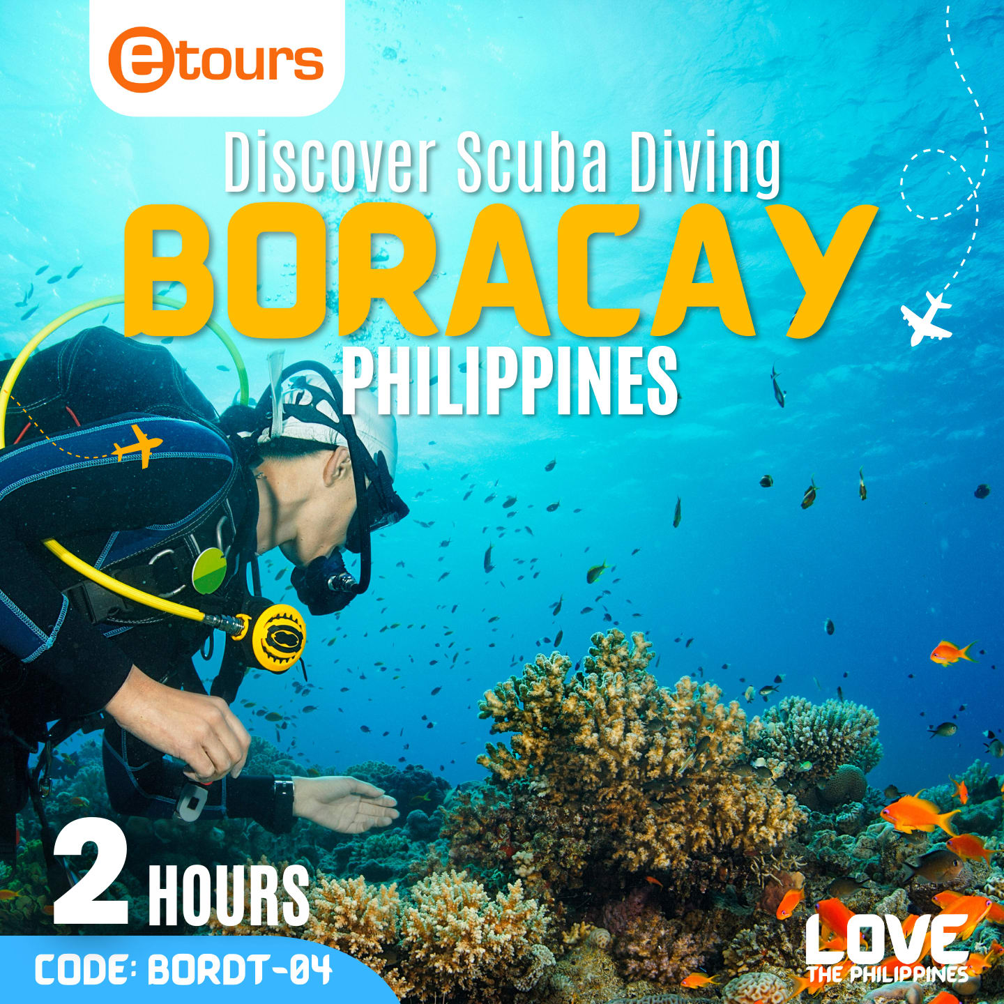 Discover Scuba Diving Boracay A scuba diver exploring a vibrant coral reef, surrounded by colorful fish and marine life, during a Discover Scuba Diving experience