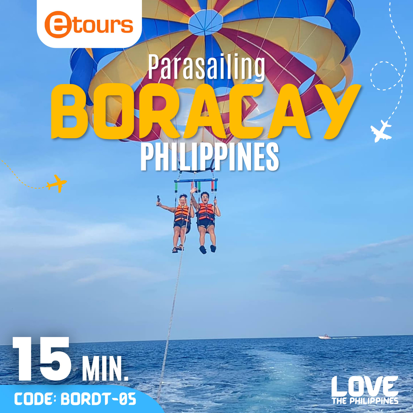 Boracay Parasailing Two people parasailing high above the clear turquoise waters of Boracay, with a vibrant parachute and the island's coastline visible in the background.