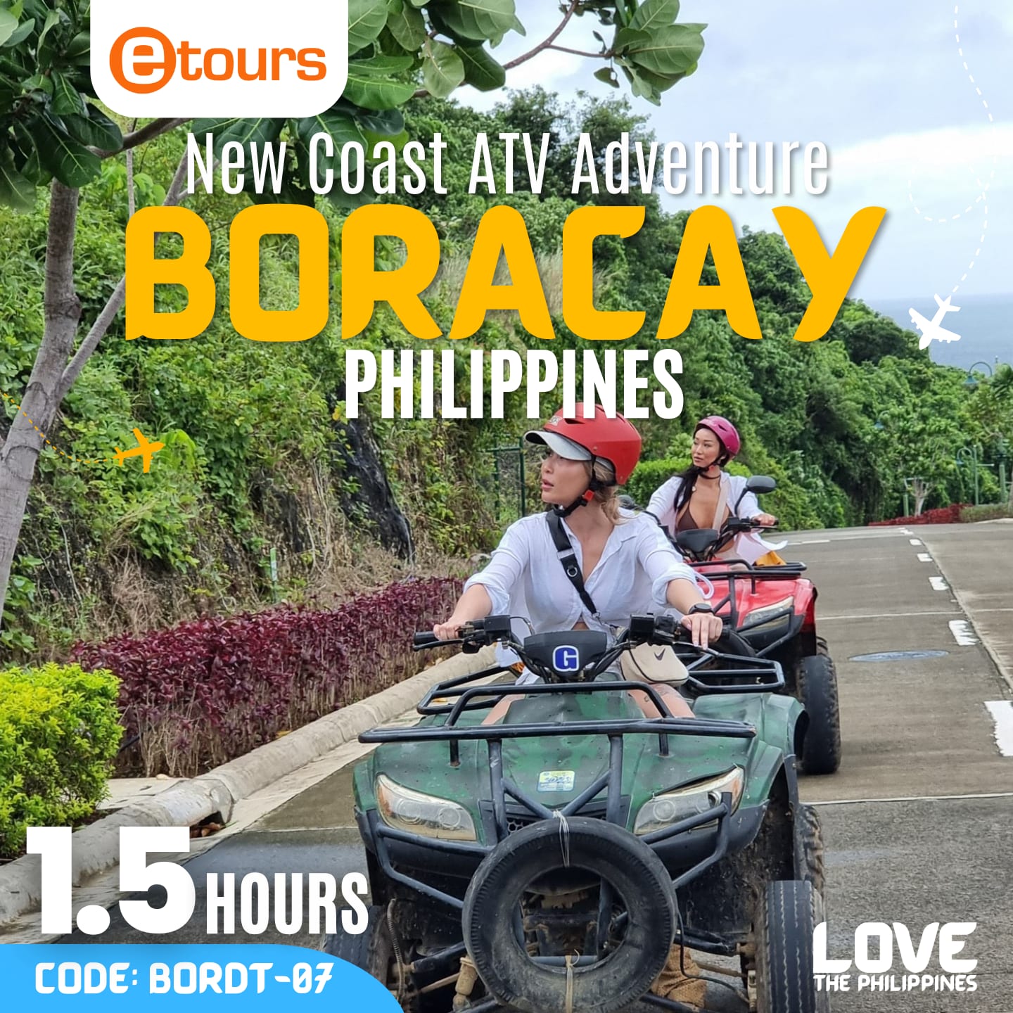 Boracay New Coast ATV Adventure Two friends riding an ATV through the scenic landscape of Boracay, surrounded by lush greenery and tropical terrain.