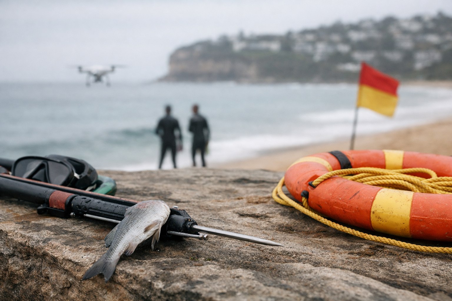 Spearfishermen escape injury after shark grabs catch at Newport Reef