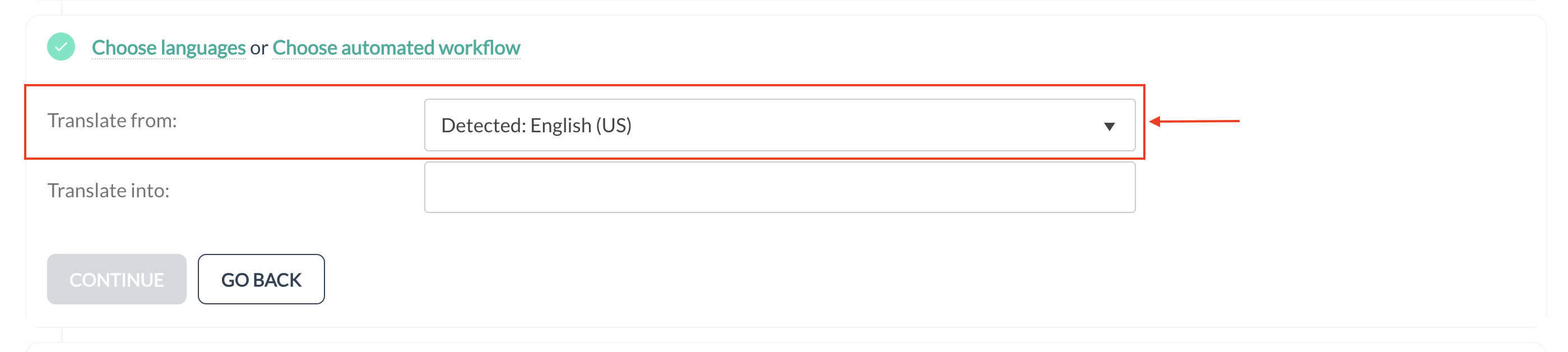 Field for selecting source language