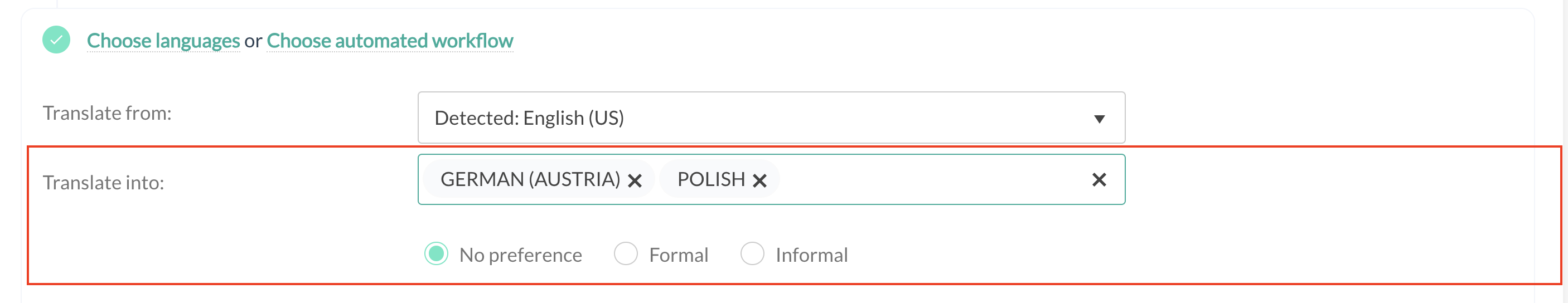 Field for selecting target languages