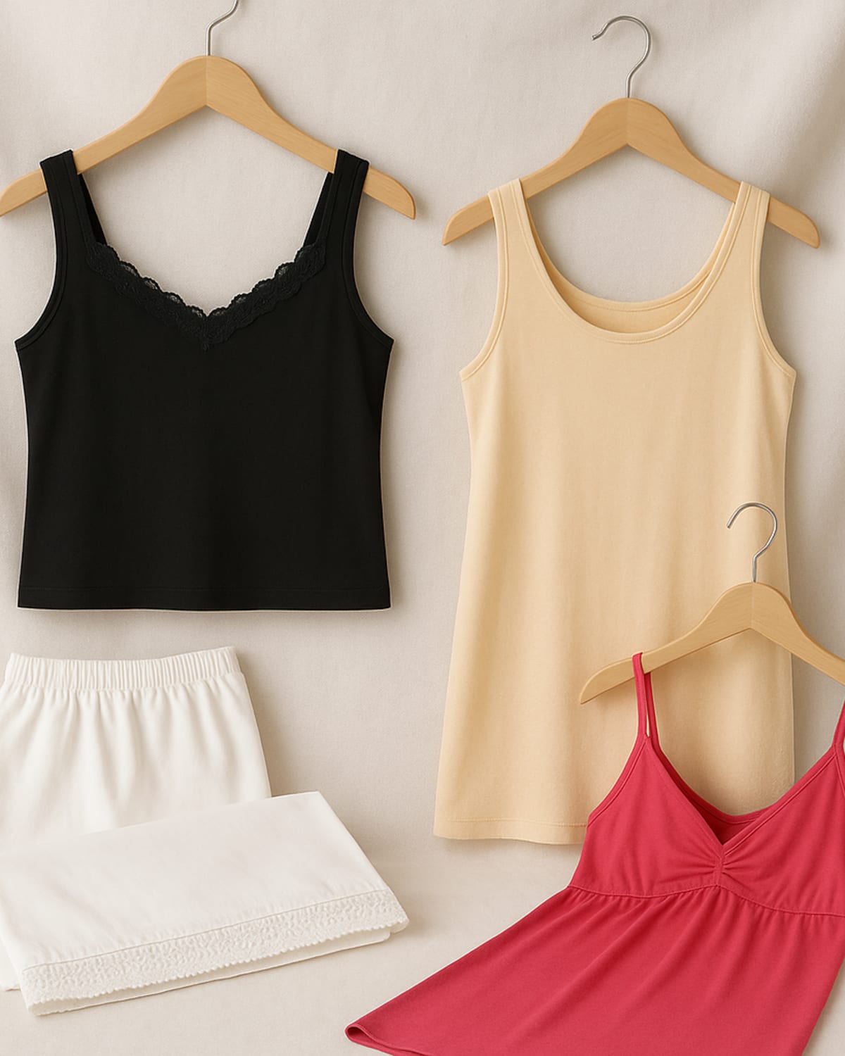 Tizee camisoles and cotton essentials arranged as a homepage campaign image