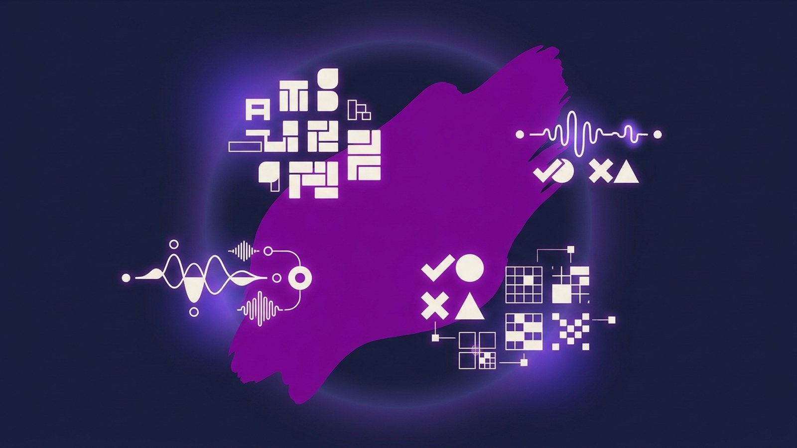 Sistema visual abstrato em roxo profundo evocando o brandbook do Nubank — paleta única, tipografia geométrica e identidade verbal documentada