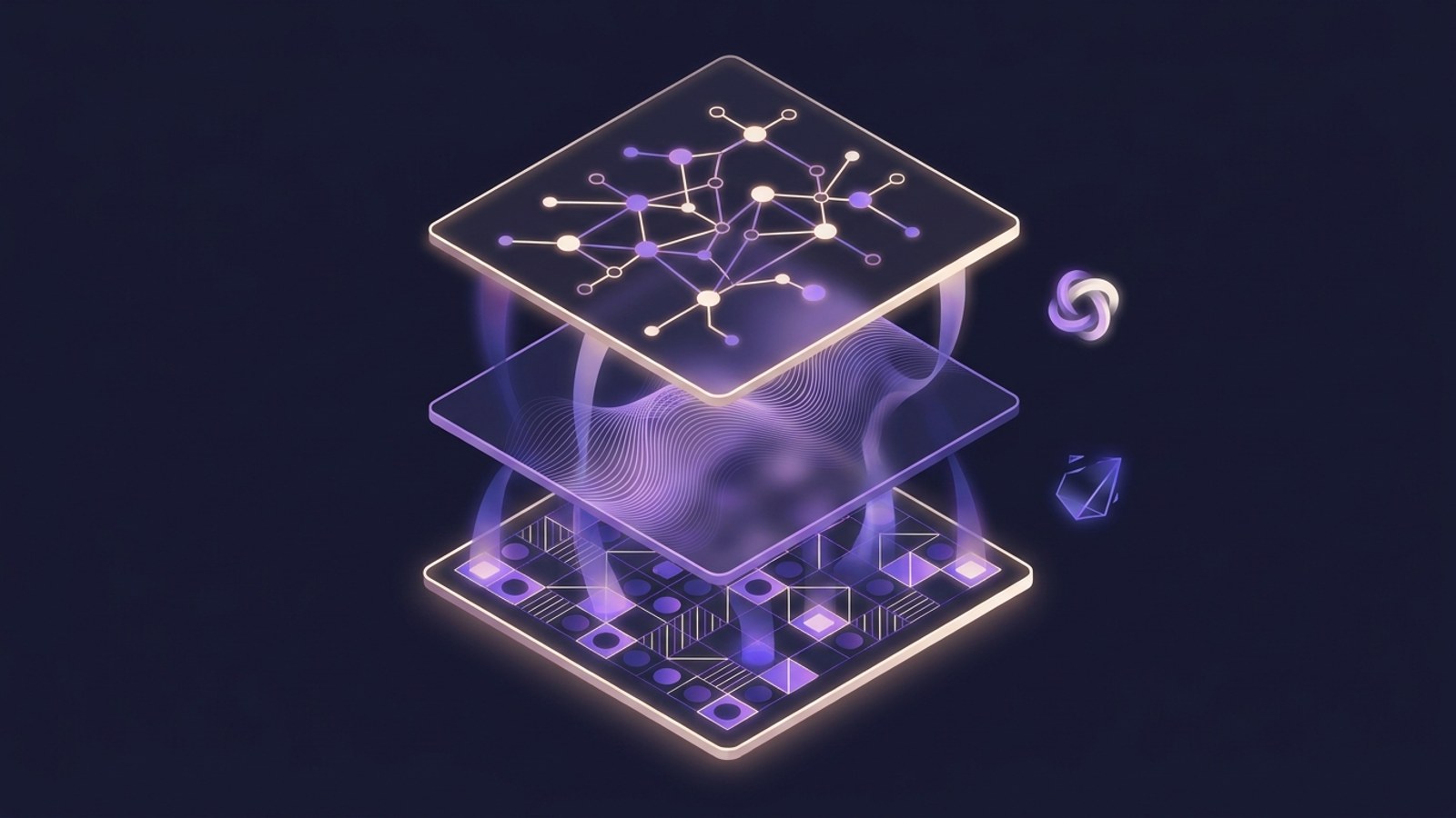 Diagrama abstrato representando brandbook como sistema vivo — camadas de identidade verbal, visual e regras de uso conectadas a fluxo de geração de conteúdo