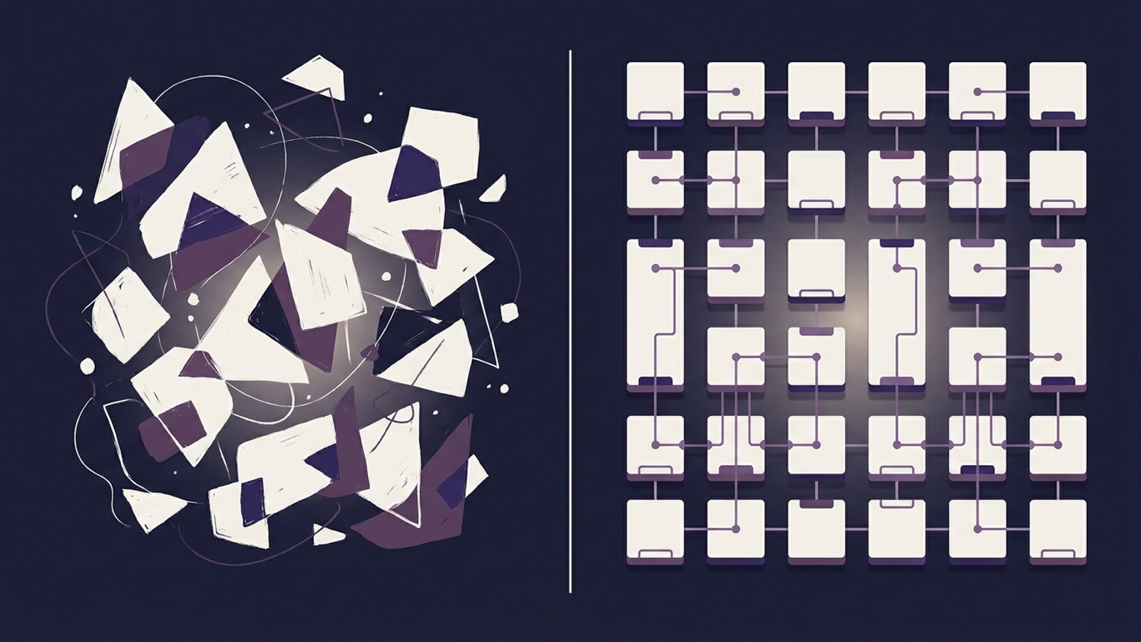 Tabela visual abstrata: estrutura modular em camadas representando metodologia documentada vs. operação artesanal, geometria limpa em paleta navy profundo com acentos índigo