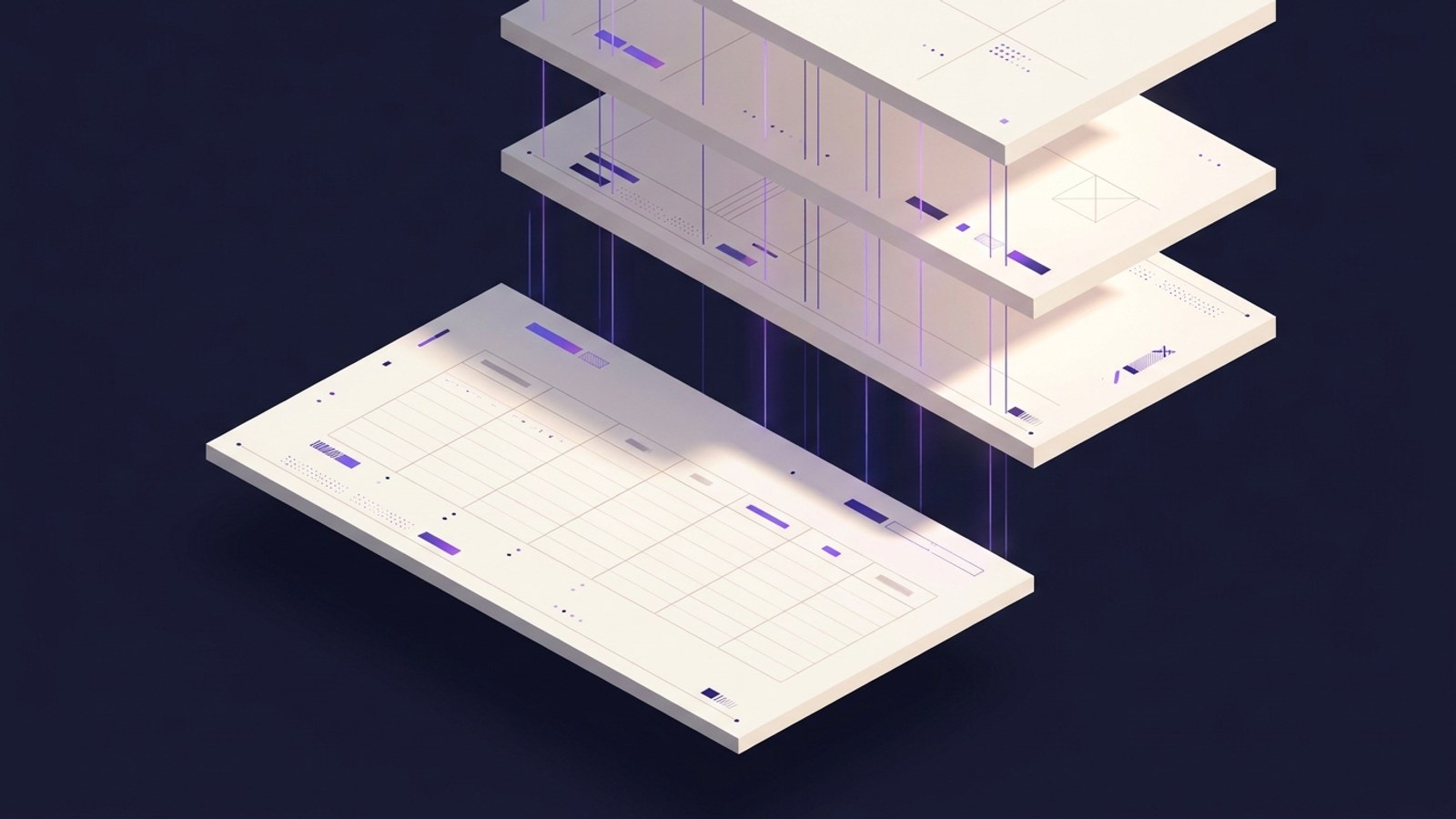 Painel abstrato com elementos hierárquicos representando cadência de comunicação e relatórios em camadas: blocos modulares em deep navy com gradientes índigo e off-white