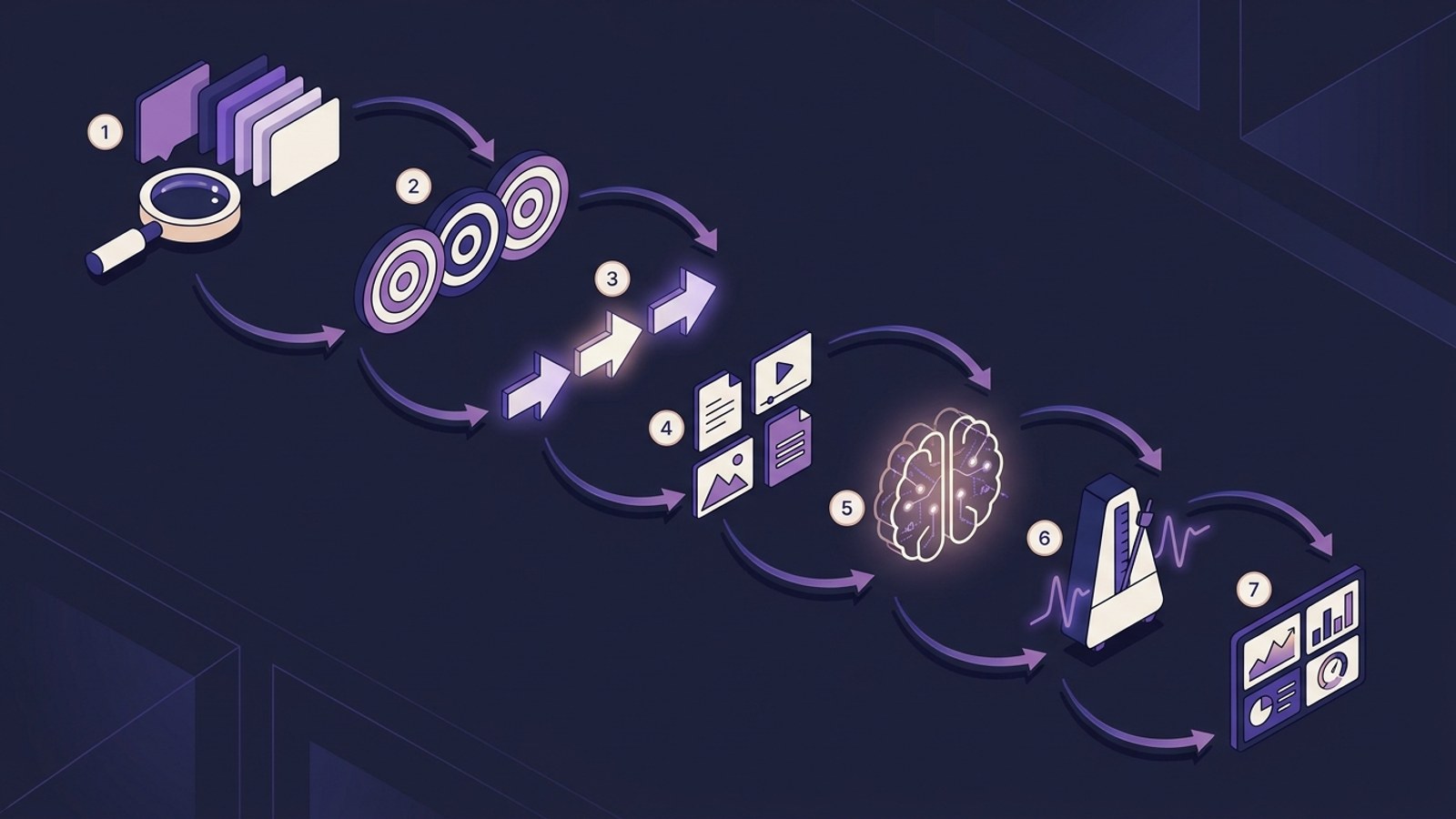 Sequência dos 7 passos do planejamento de conteúdo — do audit ao dashboard
