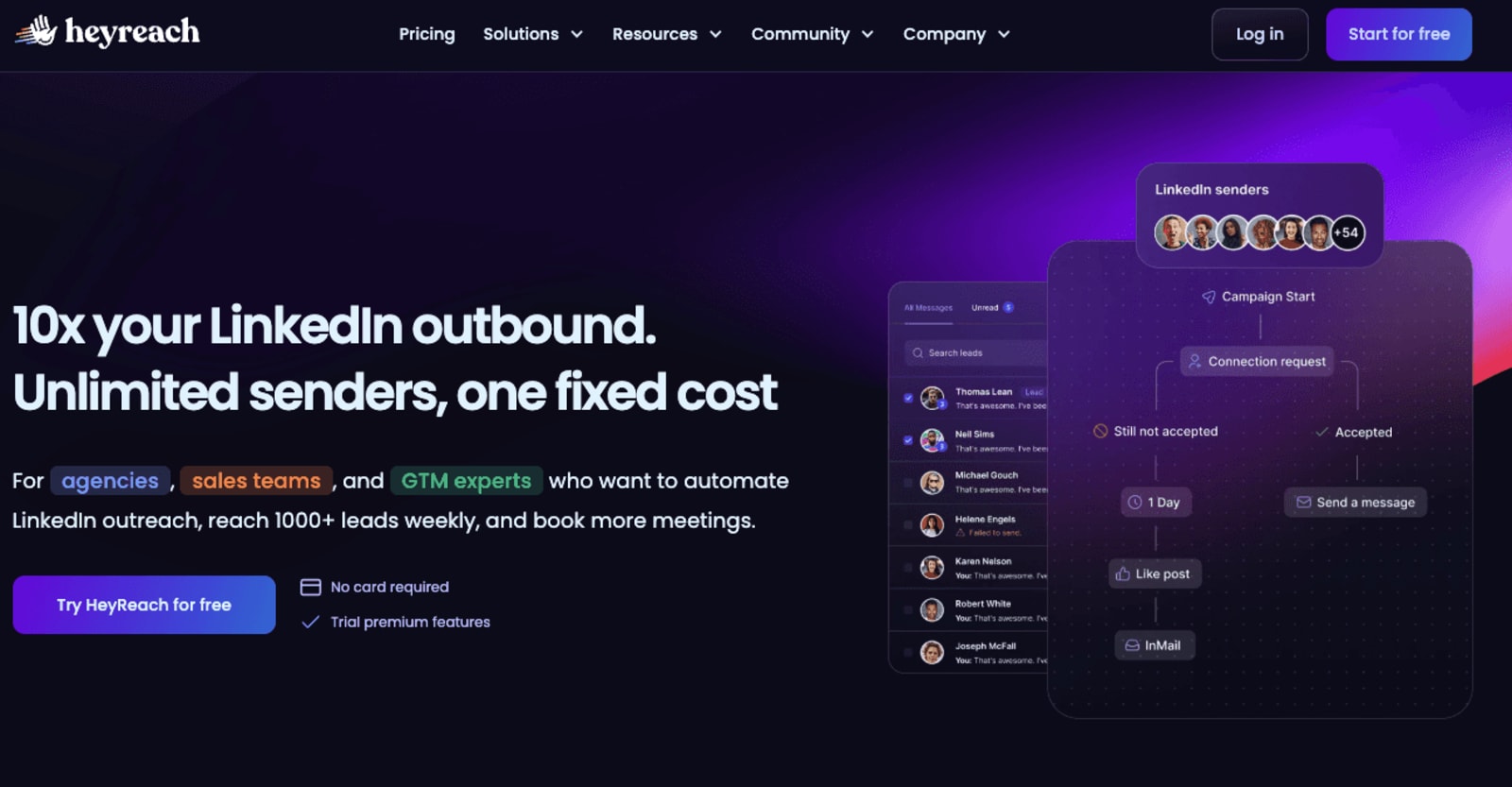 HeyReach homepage — 10x your LinkedIn outbound. Unlimited senders, one fixed cost