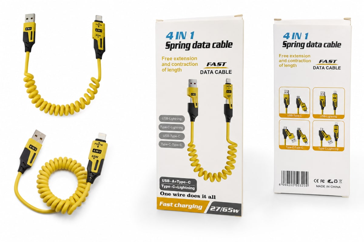 4-in-1 Fast Charging Spring Data Cable | iPhone and Android interchangeable cable.