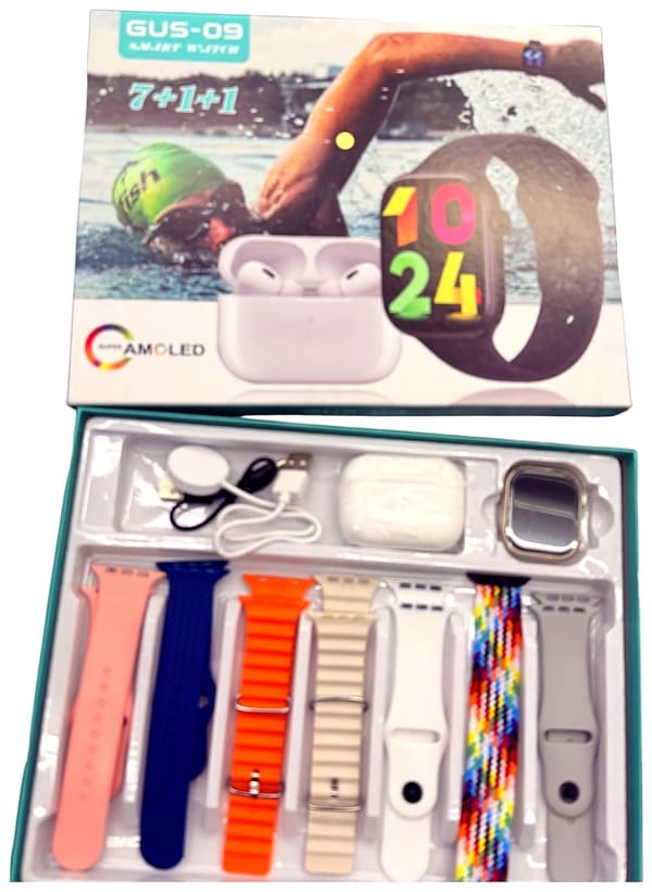 GUS-09 Pro Smart Watch & Wireless Earbuds Bundle — AMOLED Display, 7 Interchangeable Bands + Charging Case
