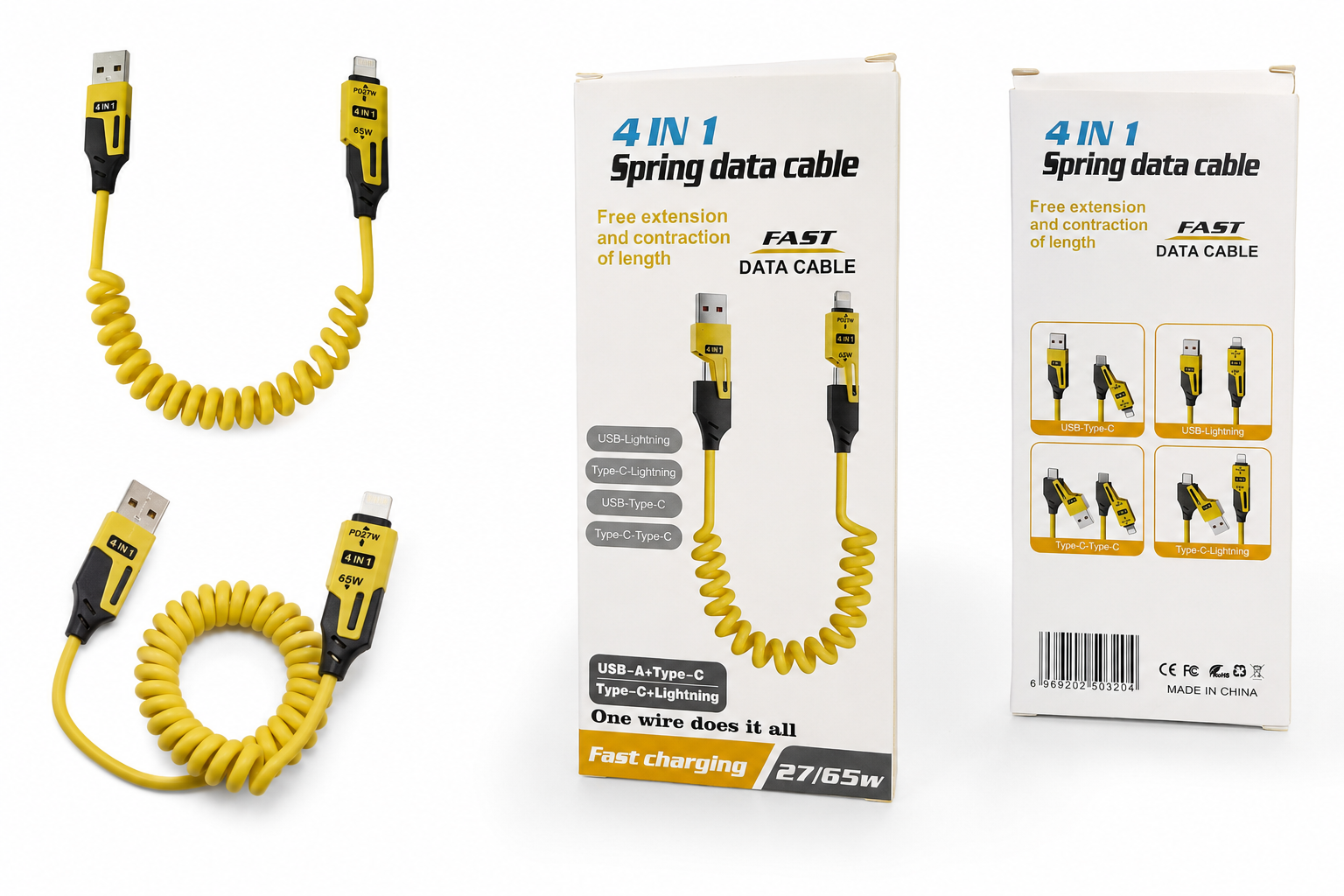 4-in-1 Fast Charging Spring Data Cable | iPhone and Android interchangeable cable.