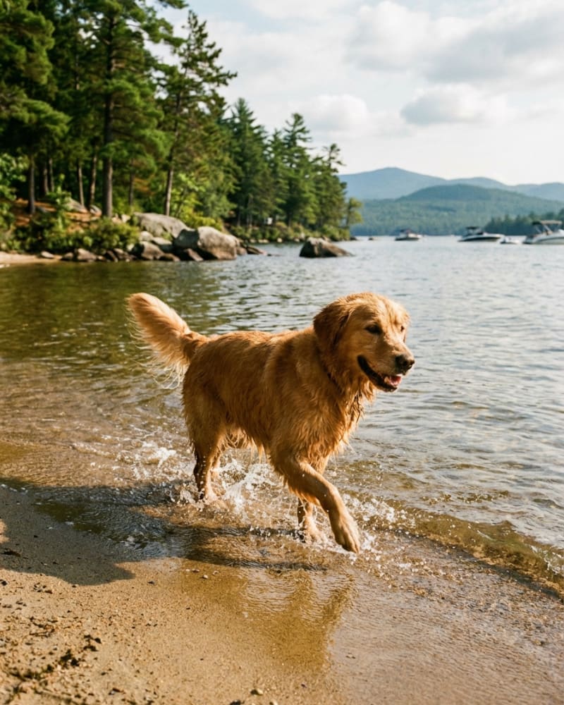 Dog on a dock at Lake Winnipesaukee