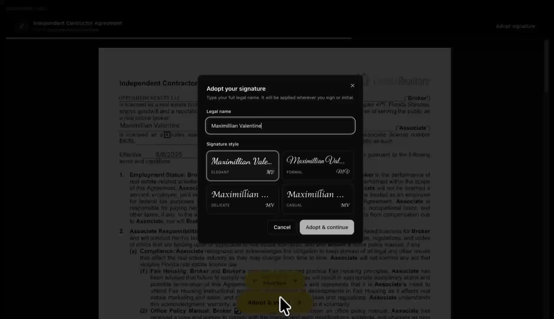 Agent signing and paying during onboarding