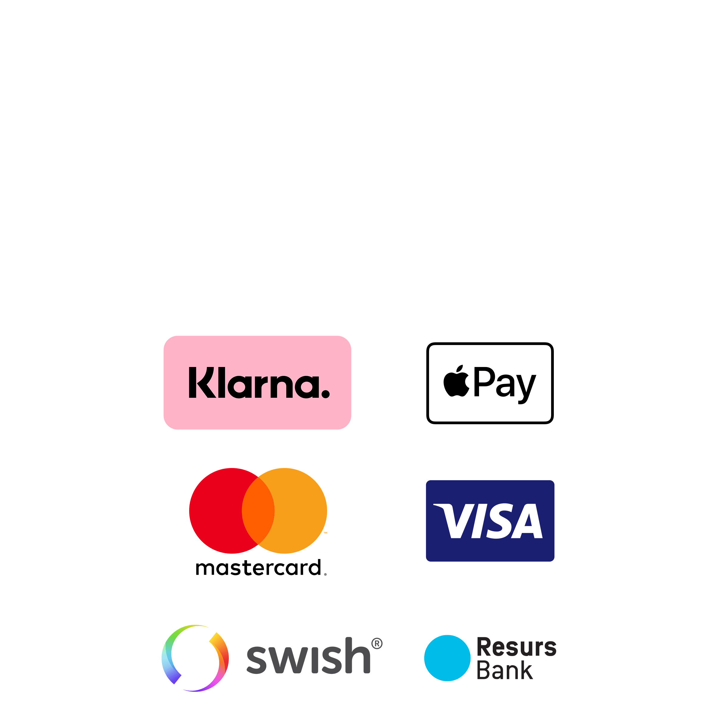 Betalsätt på Macforum Borås är Klarna, Apple Pay, Mastercard, Visa, Swish och Resurs Bank.
