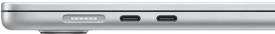 MagSafe-port längst bak på vänster sida. Två Thunderbolt-portar på vänster sida, framför MagSafe-porten.