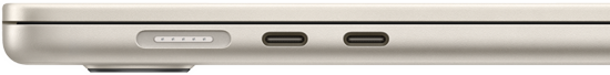 MagSafe-port längst bak på vänster sida. Två Thunderbolt-portar på vänster sida, framför MagSafe-porten.