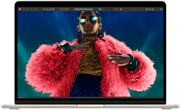 En färgglad bild på skärmen på en MacBook Air visar Liquid Retina-skärmens färgomfång och upplösning