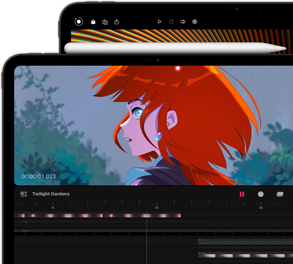 iPad Pro 11 tum med Apple Pencil Pro fäst på sidan och bakom den en iPad Pro 13 tum. Bilder med klara, starka färger visas på Ultra Retina XDR-skärmen på båda modellerna