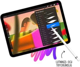 Apple Pencil som väljer penselstil från penselbiblioteket på iPad. Kommentar som pekar på Apple Pencil med texten ”Lutnings- och tryckkänslig”