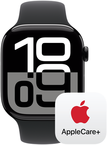 En AppleCare+-logotyp bredvid en Apple Watch Series 10.
