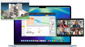 Flera skärmar visar hur enkelt det är att köra flera appar samtidigt, som webbsidor i Safari, ett videosamtal i Zoom och en fil i SketchUp, på MacBook Air