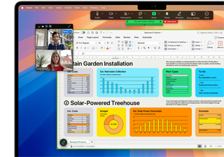Grafer, diagram och ett videosamtal är öppna och aktiva på en 16-tums MacBook Pro för att visa macOS kompatibilitet med Microsoft Excel och Zoom