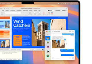 En bild från appen Meddelanden infogas i en rapport i Microsoft Word som är öppen på en 13-tums MacBook Air för att framhålla den intuitiva designen hos Mac och dess likhet med iPhone