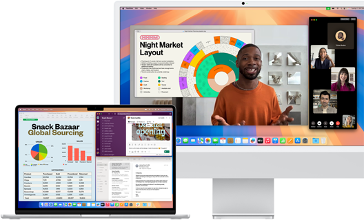 En öppen 15-tums MacBook Air i silver som kör Mail, Numbers och Slack bredvid en 24-tums iMac som visar en person som håller en Keynote-presentation i FaceTime