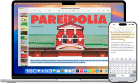 En öppen MacBook och en iPhone framför. iPhone-enheten visar markerad text i Anteckningar som speglar markerad text på MacBook-datorn.