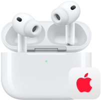 AirPods Pro 3, trådlösa hörlurar, vänster och höger öronsnäcka i ett MagSafe-laddningsetui, Apple-logotyp