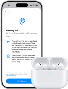 AirPods Pro 3 i ett MagSafe-laddningsetui, iPhone 17 Pro, text på skärmen: Hörhjälpmedel
