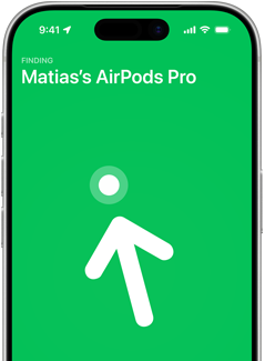 iPhone 17 Pro, Hitta med precisionssökning på skärmen, text: Matias's AirPods Pro