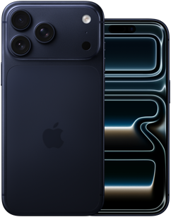 iPhone-modeller sida vid sida: iPhone 17 Pro Max, baksida, proffskamerasystem, tre objektiv, mikrofon, blixt, djupblå finish, iPhone 17 Pro, framsida med heltäckande skärm, djupblå finish